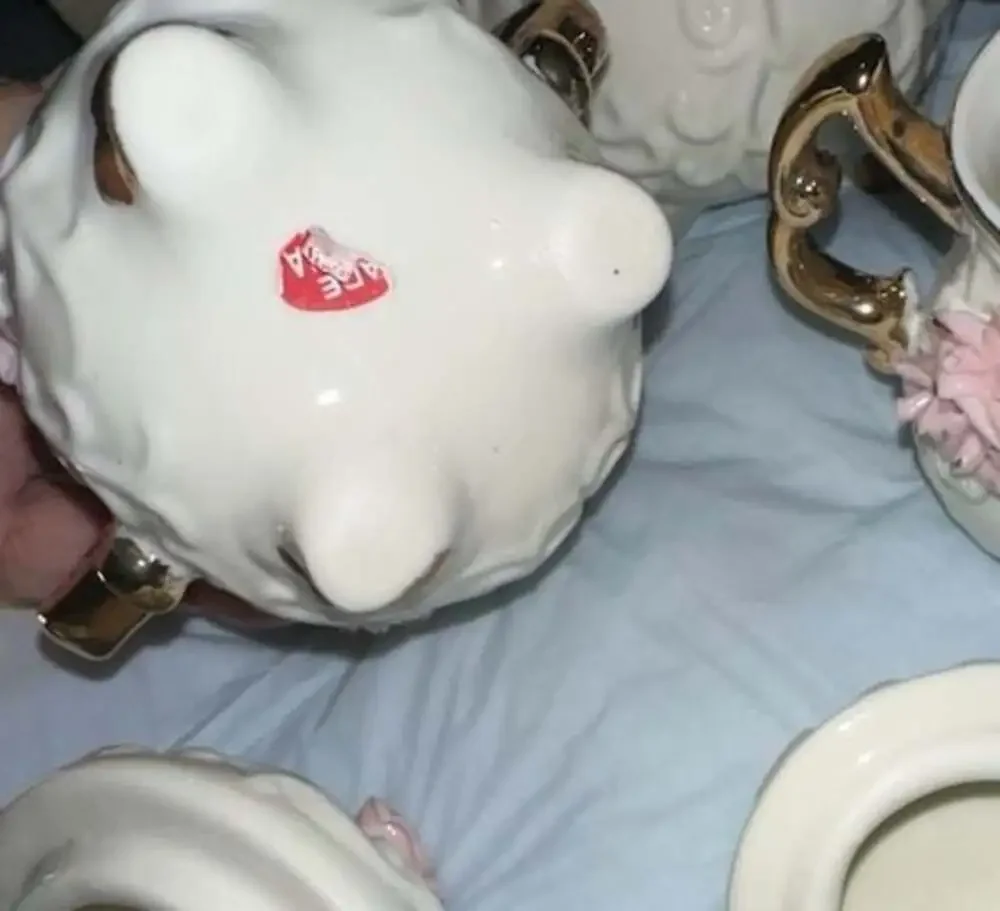 Vintage Cracker Barrel 3-Piece Porcelain Tea Set with Pink Roses and Gold Trim